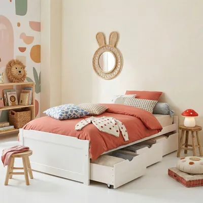 Produktbild von Bett MIA aus massiver Kiefer in weiß, schönes Funktionsbett mit 3 Schubladen, praktisches Jugendbett mit Liegefläche 90 x 190 cm