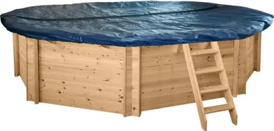 An above-ground wooden pool covered with a blue tarp and a wooden ladder leaning against it.