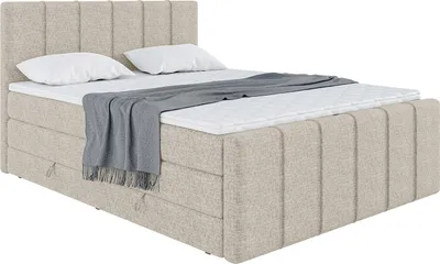Produktbild von MEBLINI King Boxspringbett mit Bettkasten - Gepolstert Doppelbett mit Matratze und Topper - Polsterbett mit Stauraum - Bett mit Kopfteil - Stauraumbett - LEBRON - 180x200 - H3/Beige Webstoff