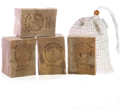 Zdjęcie produktu dla TUMELO Original Aleppo Mydło 4 x 200 g (800 g) 95% oliwy z oliwek 5% olejku laurowego + woreczek z sizalu, ręcznie robione mydło z oliwy z oliwek, mydło naturalne