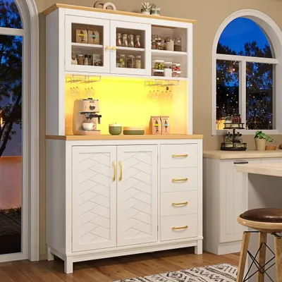 Produktbild von Landhausstil Küchenschrank mit LED und Getränkehaltern, 4 Türen,Seitenboard mit LED-Beleuchtung,Snackregal & Getränkehaltern,120x40x188cm,Weiß
