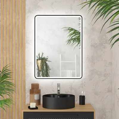 LED-Badspiegel 60x80 cm, schwarzer Rahmen, Wandmontage