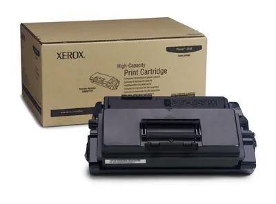 A Xerox toner cartridge and its box are displayed against a white background.
