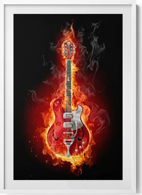 Produktbild von Flammende rote E-Gitarre– Wandbild mit Rahmen – Gerahmtes Bild  – Wanddekoration – 70x100 cm –  Weiß Rahmen