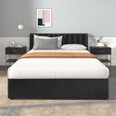 Produktbild von okwish Polsterbett 160 x 200 cm Doppelbett Bettgestell Samt mit 2 Schubladen,Lattenrost und Rückenlehne Jugendbett Schwarz