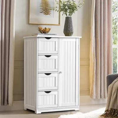 Produktbild von Kommode mit 4 Schubladen, Sideboard, Aufbewahrungskommode aus Holz, Schrank für Badezimmer, Küche, Schlafzimmer & Wohnzimmer, Dielenkommode mit Großem Stauraum, Standschrank (Weiß)