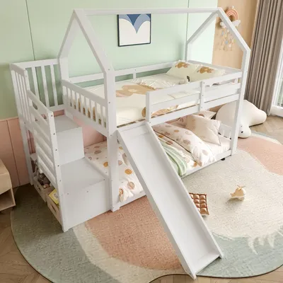 Image de OKWISH Lit Superposé Enfant 90x200 cm - Lit avec Toboggan et Escalier à Rangements - Cadre Bois MDF - Barrière de Sécurité - Sans Matelas - Blanc