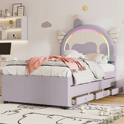 A child's bedroom with a unicorn-themed bed.