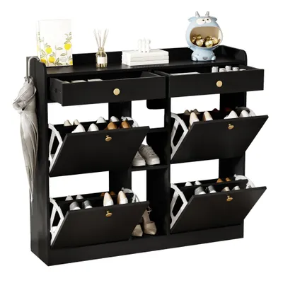 Produktbild von Schuhschrank mit 4 Klappen, 2 Schubladen, 3 offenen Fächern, für bis zu 19 Paar, Kippschutz, modernes MDF-Design mit Metallgriffen, 26 cm, Schwarz