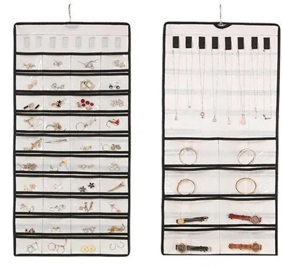 Produktbild von Juwelen-Organizer - Zweischichtiges Opbergsystem - Schmuckbehälter - Schmuckkoffer - Schmucktasche - Schmuckraum - Hangender Schmuck-Organizer - Fächer für Ohrringe, Halsketten, Schmuck - Weiss - 48 Fächer