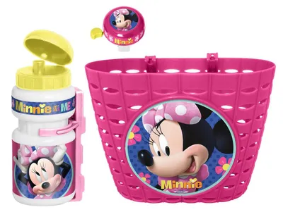 Produktbild von Disney Kinder Fahrradkorb Körbchen Lenkerkorb Fahrrad Korb + Trinkflasche + Fahrradklingel Klingel Glocke MINNIE MOUSE Set 3 teilig K862508