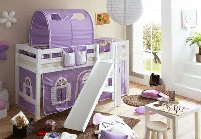 Produktbild von Hochbett mit Rutsche Podestbett Tino Buche massiv Weiss teilbar, Vorhangstoff:Lila Weiss