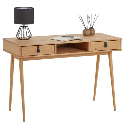 Produktbild von Schreibtisch KIM mit 2 Schubladen aus Massivholz, Eiche farben - Home-Office Tisch mit offenem Fach, Bürotisch mit 2 Schubladen und Ledergriffen
