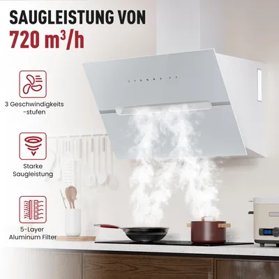 Immagine prodotto di LEVIVO A+++ Cuffia di aspirazione senza testa 60 cm ricircolo e scarico dell'aria con prestazioni d'aria di 720 m³/h, cuffia di aspirazione con 2 filtri a carboni attivi, 1 filtro antigrasso, 3 livelli