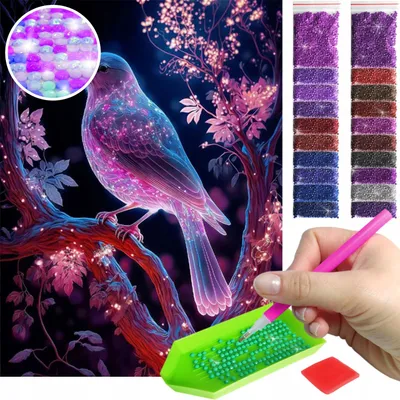 Produktbild von ARTULIO - Diamond Painting Set - Fantasievoller farbiger Vogel auf Ast - 40 x 30 cm - AB Steine, AB Diamant - Komplettset Mosaik + Zubehör