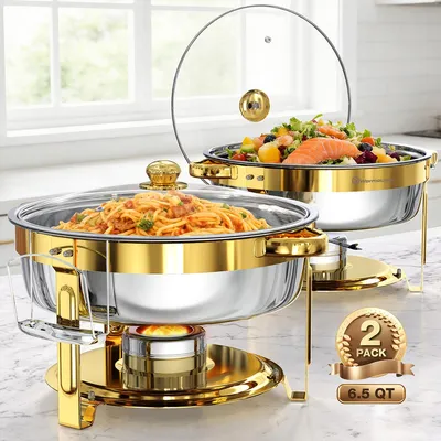 Zdjęcie produktu dla Zestaw naczyń do podgrzewania potraw WARMOUNTS, 2 sztuki, złote, 6QT, ok. 5,7 l, stal nierdzewna, okrągłe naczynia do podgrzewania potraw z pokrywką szklaną, na przyjęcia, wesela, catering