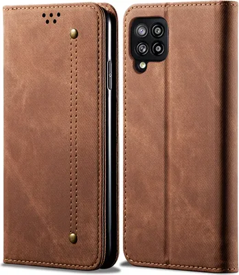 Image de Galaxy A42 5G Housse, LaimTop Denim Cuir Portefeuille Fermeture magnétique Flip Bookstyle Housse avec fonction stand pour Samsung Galaxy A42 5G Marron