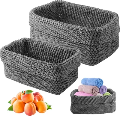 Produktbild von 2 Stück Schminke Korb Grau, Stapelbare Häkelkorb, Regalkörbe für Handtücher Kosmetik, Badezimmer Aufbewahrungskorb(29x15x18.5cm, 21x13x15.5cm )