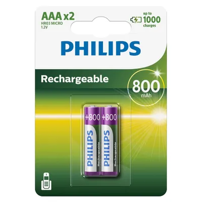 A retail package of Philips AAA rechargeable batteries.
