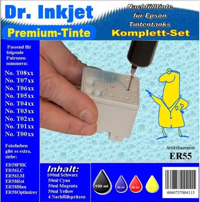 Produktbild von ER55 - Dr. Inkjet Komplett 250ml Set Premium Pigmentierte Nachfülltinte - Alles drin Packung -