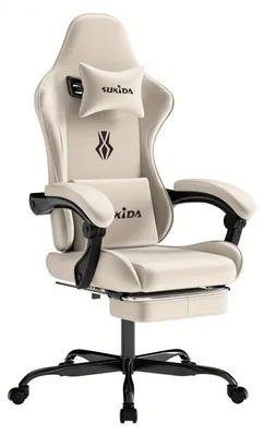 Obrázek produktu pro Herní židle – Ergonomický design – Nastavitelná opěrka zad – S podnožkou – Béžová