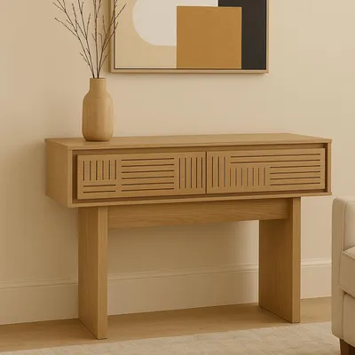 Image de Table console HWC-O31, table de téléphone table d'appoint, tiroir mélamine 86x110x41cm ~ orme naturel