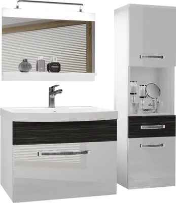 Produktbild von BELINI Badmöbel Vollausstattung Set Waschbeckenschrank, Hochschrank, Waschbecken, Spiegel, Lampe (Weiß / Königliches Ebenholz, Glänzend und Matt)