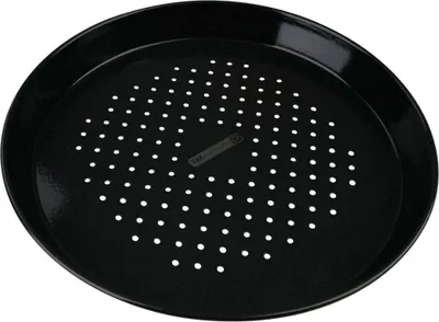 Image de FMprofessional Plaque à pizza perforée Ø 32 cm BBQ, plaque de cuisson pour pizza surgelée & faite maison, plaque ronde émaillée, moule à pizza rond, plaque résistante aux acides et à la chaleur (couleur : noir)