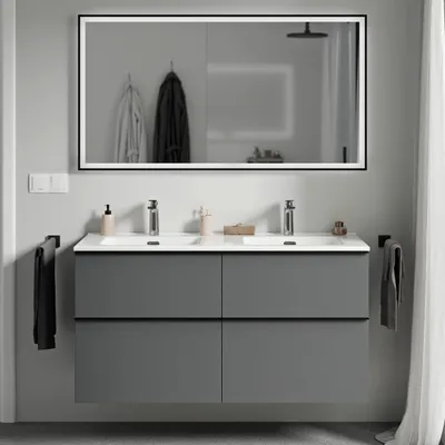 Produktbild von Waschtischunterschrank LAVOA 120 cm mit Doppelwaschbecken - Farbe wählbar, Farbe Badmöbel:Anthrazit matt, Waschbecken:Weiß glänzend, Metallgriff:Anthrazit matt