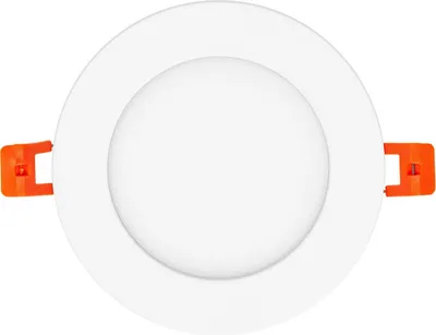 A white circular LED downlight with orange clips is shown against a white background.