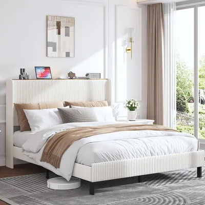 Produktbild von STILVORA Polsterbett 160x200 mit Stoffköpfchen,Stauraumbett Bettgestell aus Cord-Stoff,Jugendbett mit Lattenrost,Beige(mit Matratze)