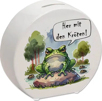 Produktbild von Griesgrämiger Frosch Spardose mit Spruch Her mit den Kröten!