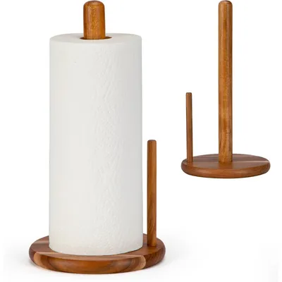 Immagine prodotto di Portarotoli da cucina in legno di acacia, colore naturale, ideale per piano di lavoro e bagno, altezza 33 cm