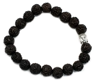 Produktbild von Rudraksha-Armband mit Buddha-Motiv, Japa-Mala – Dunkel