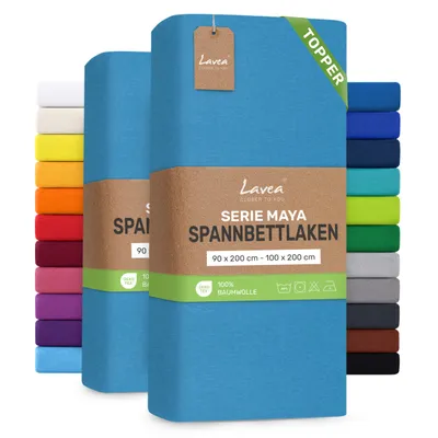 Produktbild von Lavea® 2er Pack Topper Spannbettlaken 90/100x200 cm, Bettlaken aus 100% Baumwolle Jersey – Für Topper bis 12 cm Höhe – Weich, Himmelblau