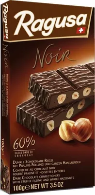 Produktbild von Camille Bloch Ragusa Noir, dunkle Schokolade, 100 g, 1 Stück(e), Zucker, HASELNÜSSE (davon 11% ganze), Kakaomasse, Kokosfett, VOLLMILCHPULVER, Kakaopulver,..., Mandel, Schweiz
