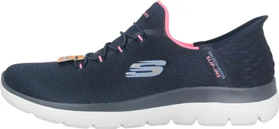 Side view of a navy blue Skechers slip-on sneaker with pink accents.