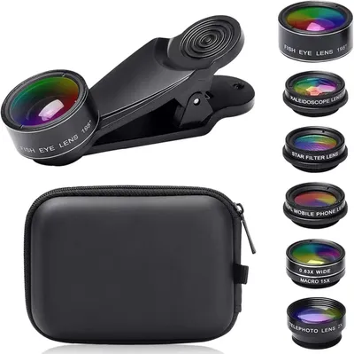 Zdjęcie produktu dla Zestaw obiektywów do telefonu 7-in-1, fisheye, szerokokątny, makro, czarny, do smartfona