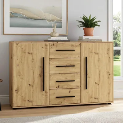 Produktbild von Modena K2D4SZ Kommode 150 cm – moderne Anrichte mit 4 Schubladen und 2 Türen, funktionaler Stauraumschrank für Wohnzimmer, Schlafzimmer und Flur (Artisan Eiche)