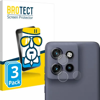 A product shot showing the packaging for BROTECT screen protectors and a close-up of a smartphone camera module with the protectors applied.