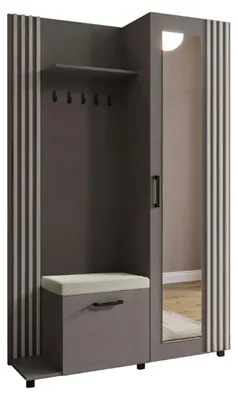 Produktbild von Margaret Hadas24 Garderobe NELI mit Lamellen und Spiegel, Garderobenset mit Sitzbank und Schuhschrank für Flur, (grau, weiß) links