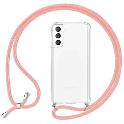 Produktbild von NALIA Handyhülle mit Kette für Samsung Galaxy S21 FE, Transparente Schutzhülle & Handy-Schnur zum Umhängen, Robust Vergilbungsfrei Klar Pink