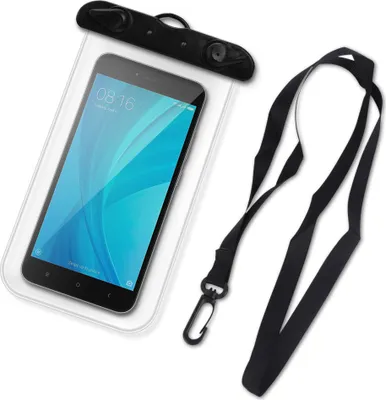 A smartphone in a transparent waterproof pouch with a black lanyard.