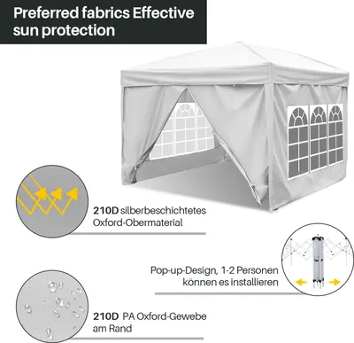 Obrázok produktu pre Aopunly altánok skladací altánok 3x3m biely s bočnými stenami párty stan UV ochrana výškovo nastaviteľný s taškou na prenášanie, pre vonkajšie záhradné kempovanie