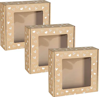 Produktbild von Quadratische Mailer-Box mit Sichtfenster, Geschenkschachtel mit weißem Herzaufdruck 20x20x5 cm x3