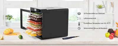Produktbild von Dörrautomat ETA Vital Air II Artikel Nr.: ETA230290000 Mehrzweck-Lebensmitteltrockner mit Air-Flow-Technologie, voreingestellten Programmen und 10 Edelstahlsieben, BPA frei