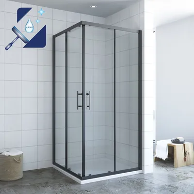 A modern bathroom with a black-framed glass shower enclosure.