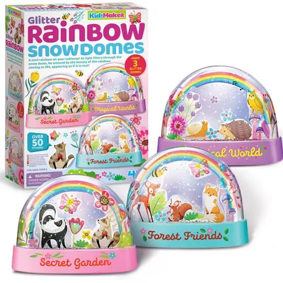 A product box for a glitter rainbow snow dome craft kit, with examples of the finished snow domes displayed.