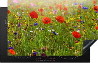 Produktbild von KitchenYeah© Herdabdeckplatte Frühling - Blumen - Rot - Mohn - Gras - Grün , 83x51cm, Küche Deko, Glaskeramikkochfeld Herdabdeckung, Abdeckplatte fùr Kochfeld