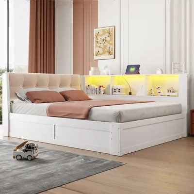 Produktbild von MODFU Tagesbett 140x200 mit Matratze,Jugendbett mit hydraulischem Stauraum,Daybett mit LED und USB-Anschluss,Modernes Schlafsofa aus Kiefernholz mit Regal,Weiß